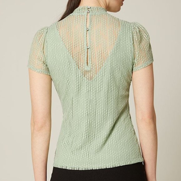 Light Green Lace Short Sleeve Mock Neck Top in M - Picture 3 of 5